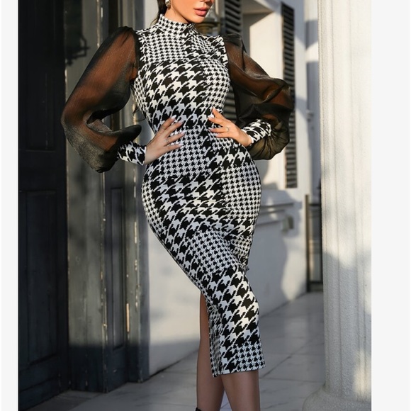 Elegant Classic Houndstooth Mesh Puff Long Sleeve Slit Back Bodycon Pencil Dress - Picture 9 of 10